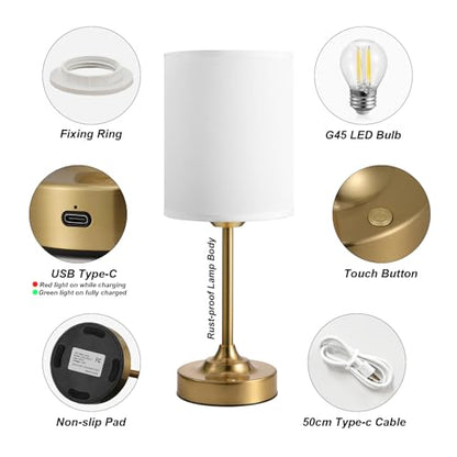 Rechargeable Table Lamp, Battery Operated, Touch Control, Brass, 1 Pack | 4000mAh Battery, USB-C Charging, 3000K Warm Light, Stepless Dimming, Brightness Memory, Up to 40 Hours, Small Table Lamp - color: White - Gold, size: 1 Pack 14.5in - Drum Shade