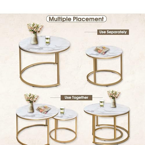 aboxoo Coffee Table Nesting White Set of 2 Side Set Golden Frame Circular Round and Marble Pattern Wooden Tables, Living Room Bedroom Apartment Modern Industrial Simple Nightstand - color: Gold White
