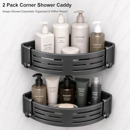 Adhesive Corner Shower Caddy 2-Pack, No Drill, Easy to Install | Rust-resistant aluminum shower shelves in matte gray for 90-degree corners only. Use together or separately.