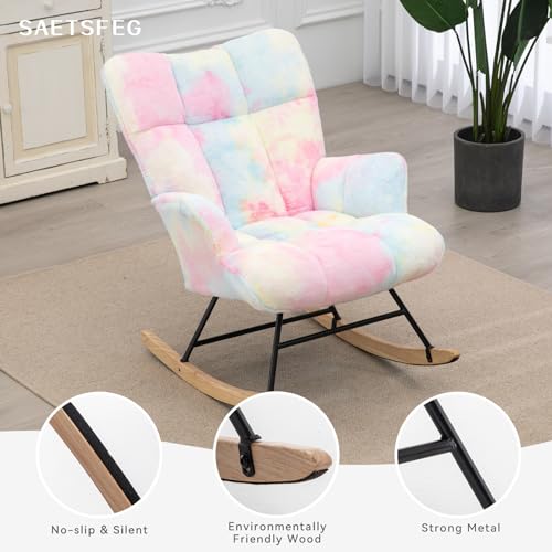 Rocking Chair Nursery Teddy Upholstered Glider Rocker Rocking Accent Chair Padded Seat with High Backrest Armchair Comfy Side Chair for Living Room Bedroom Offices (Colorful Teddy) - color: Colorful