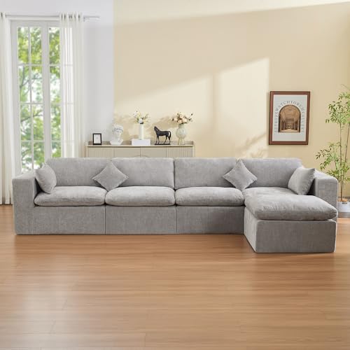 146''Cloud Boneless Sectional Couch, Modular Sectional Sofa Deep Seat with Ottoman, Oversized Upholstered Convertible Comfy 5 Seater Chenille Sofa L Shape Couches for Living Room, Light Grey - color: Light Grey, size: 146"/4 Seater+1 Ottoman