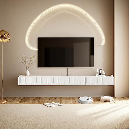 Floating TV Shelf in Solid Wood, 73'' High Gloss Wall Mounted TV Cabinet, Floating Shelves with Door & Drawers, Modern Entertainment Media Console Center Large Storage TV Bench (White) - size: 72.83''