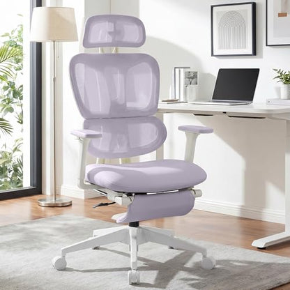 Ergonomic Office Chair with Footrest, 90-135° Reclining High Back Desk Chair with Lumbar Support, 2D Headrest, 2D Armrests, Computer Chair for Long Hours, Purple - color: Purple