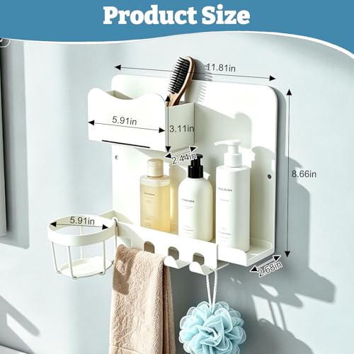 Metal Bedside Wall Shelf with Cup Holder, No Drill Floating Bedside Shelf Organizer, Wall Mounted Nightstand Alternative for Bedroom, Dorm, Bunk Bed, Loft Bed & Small Spaces, White