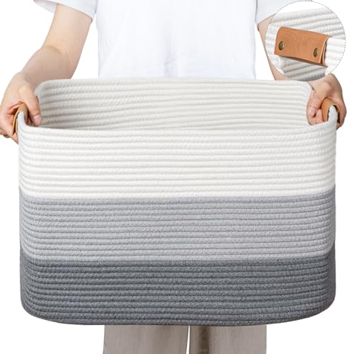 Blanket Basket, 72L Rectangle Large Basket for Living Room, Baby Room & Laundry, Woven Cotton Rope Toy Bin Baby Nursery Room Storage, 22’’*17’’*11.8’’, Gradient Grey - color: Gradient Grey, size: 72L