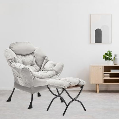 Youtanic Lazy Chair with Folding Ottoman, Accent Chair Velvet Upholstered with Metal Structure and Non-Slip Pads, Sofa Armchair with Footrest and Side Storage Bag for Dorm, Room, Office, Light Gray - color: Light Gray