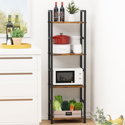 4 Tier Bookshelf, Narrow Storage Organizer for Small Space, Brown | Heavy-duty steel frame, 4 open shelves, Anti-slip feet, Easy assembly, Industrial Storage for Living room, Bedroom - size: 4 Tier