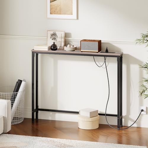 HOOBRO 39.4 Inch Narrow Console Table with Power Outlets, 5.9 Inch Sofa Table with Storage, Skinny Behind Couch Table, for Entryway Hallway, Small Spaces, Greige and Black BG52UXG01G1 - color: Greige + Black