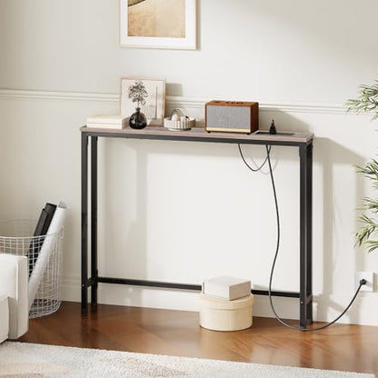 HOOBRO 39.4 Inch Narrow Console Table with Power Outlets, 5.9 Inch Sofa Table with Storage, Skinny Behind Couch Table, for Entryway Hallway, Small Spaces, Greige and Black BG52UXG01G1 - color: Greige + Black