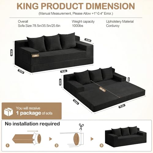 78.5” Convertible Sofa Bed,Corduroy 3 Seater Boneless Couch Bed Futon,Fold Out Couch with 3 Pillows,Loveseat Sleeper with Pull Out Bed for Living Room, Guest,Bedroom,Black - color: Black, size: 78.5inch