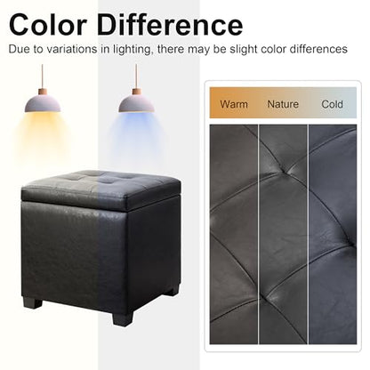 15 inch Square Storage Ottoman with Tray Lid,Modern Tufted Faux Leather Cube Coffee Table with Storage,Upholstered Ottoman with Removable Top for Living Room, Bedroom - color: Faux Leather -Black With Tray