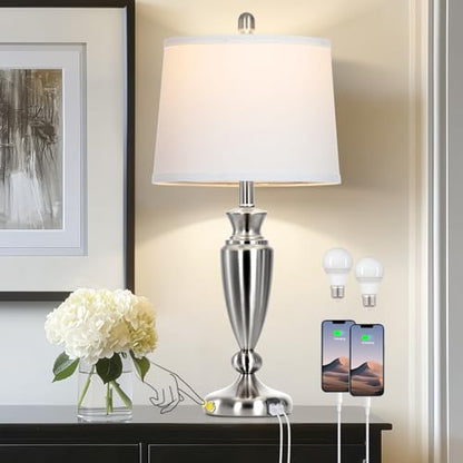 Rinweey 27" Silver Table Lamps for Living Room Single, 3 Way Touch Control Bedside Lamps with USB A+C Ports, Modern Brushed Nickel Bedroom Lamp, Metal Tall Lamp for Nightstand Desk Side Table Office - color: Silver-27"H-1PK