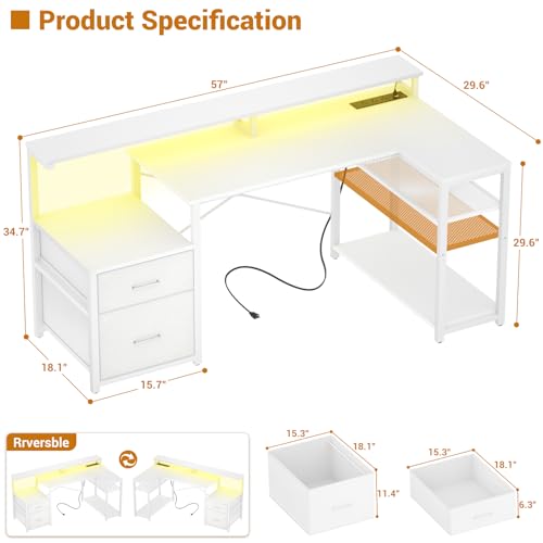 Aheaplus L Shaped Desk with File Drawer, Reversible L Shaped Computer Desk Gaming Desk with Power Outlet & LED Strip, Home Office Desk with Monitor Shelf, Corner Desk with Storage Shelves, White - color: White
