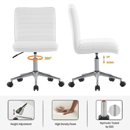 Furnimart Armless Swivel Rolling Desk Chair, Adjustable Faux Leather Vanity Chair with Gold Legs, Cute Task Chair with Wheels for Living Room Bedroom Studying Small Places (PU White) - color: Pu-white