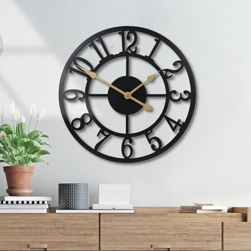 Wall Clock Battery Operated,Silent Non Ticking Modern Rustic Metal Small Clocks for Living Room/Bedroom/Office/Kitchen/Farmhouse Home Decor-12IN(Arabic Number-Black) - size: 12 Inch
