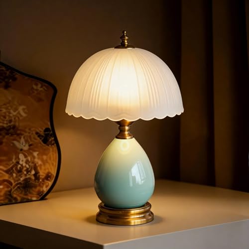 Vintage Ceramic Small Table Lamp with White Glass Shade | 15.7" Plug In Dimmable Nightstand Accent Desk Lamp for Bedroom Bedside & Cottage, Aesthetic Home Decor, Bulb Included - style: Pear + White Glass