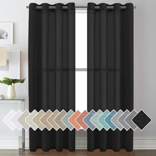 H.VERSAILTEX Linen Curtains Natural Blended Curtain Panels for Living Room/Light Reducing Linen Semi Sheer Curtains 84 inch Length 2 Panels Set Nickel Grommet Window Panels, 52" x 84", Black - color: Black, size: 52"W x 84"L (Pack of 2)