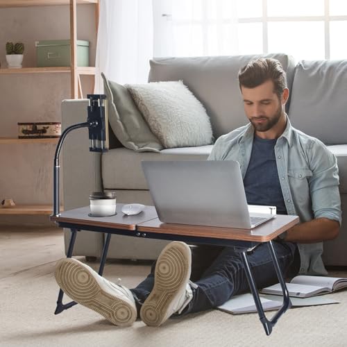 wishacc 28.7" Extra Wide Laptop Lap Desk for Bed and Sofa, Adjustable Bed Desk with Flexible Phone & Tablet Mount, Portable Black Lap Tray Table for Floor Couch Work, 2 Book Clips Included - size: Large