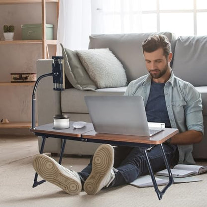 wishacc 28.7" Extra Wide Laptop Lap Desk for Bed and Sofa, Adjustable Bed Desk with Flexible Phone & Tablet Mount, Portable Black Lap Tray Table for Floor Couch Work, 2 Book Clips Included - size: Large