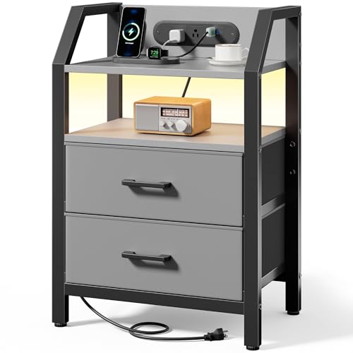 HLDIRECT Nightstand with Built-in Charging Station & Warm LED Light | 2 Fabric Drawers, FSC Wood, 66 lbs Capacity, 18.1"W x 11.5"D x 26"H, Adjustable Feet, for Bedroom, Dorm, Grey - color: Grey, size: 2 Drawers