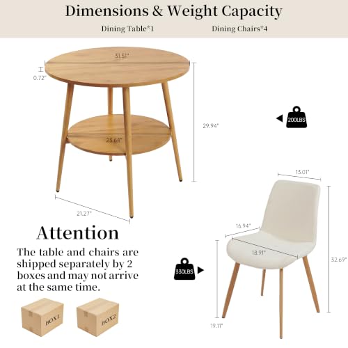 HIPIHOM 5-Piece Round Dining Table Set for 4 Oak Small Space Steel Legs | Natural Wood Tone, Double-tier Round Design Offers Storage, Stain and Spill Resistant MDF Top, Cross Braced Anti Wobble Legs - color: Oak Table+4 White Chairs