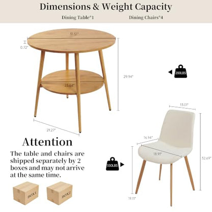 HIPIHOM 5-Piece Round Dining Table Set for 4 Oak Small Space Steel Legs | Natural Wood Tone, Double-tier Round Design Offers Storage, Stain and Spill Resistant MDF Top, Cross Braced Anti Wobble Legs - color: Oak Table+4 White Chairs
