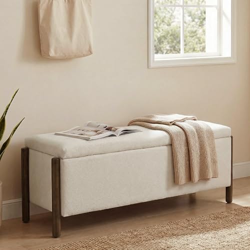 Usaint 47" Fabric Upholstered End of Bed Storage Ottoman Bench, Beige | Entryway Bench with Storage and Rubberwood Legs, 24.5 Gallons Storage Space, Hinged, for Bedroom, Living Room - color: Beige