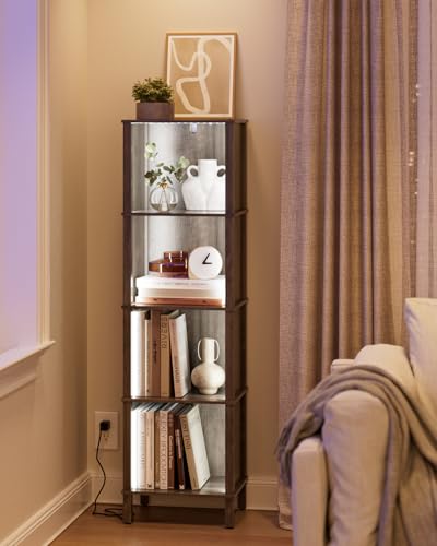 Book Shelf with LED Lights, Modern 4-Tier Bookcase, Open Storage Bookshelf, 11 × 14.2 × 50.4 Inches, Small Narrow Bookshelves for Living Room, Home Office, Bedroom, Gray - color: Grey