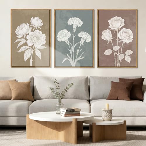 BINCUE Boho Floral Wall Painting Framed Botanical Wall Art Decor Flower Print for Living Room Bedroom Dining Room 16" Lx24 W Set of 3 - color: Boho Neutral Floral, size: 24"L x 16"W