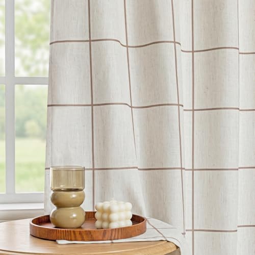 MYSKY HOME 100% Blackout Plaid Farmhouse Linen Curtains 45 Inches Long 2 Panels Set Double Layer Windowpane Thermal Insulated Black Out Grommet Top Window Treatment, 52" W, Brown - color: Brown, size: 52"W x 45"L (Pack of 2)