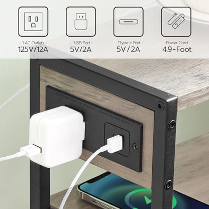 HOOBRO Small Narrow Side Table with Charging Station, Skinny End Table for Small Spaces, Slim Nightstand with USB Ports Outlet, Sofa Beside Table with Storage Shelf, Greige and Black BG102UBZ01 - color: Greige + Black