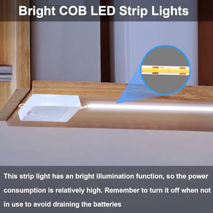 BSGlobal 2 Pack COB LED Strip Light, 6.6ft 640 LED Battery Powered LED Strip Lights, Flexible Cuttable Wireless Click Light for Cabinet, Wardrobe, Kitchen, Bedroom 6000K Cool White | 640 LED High Bright Strip Lights, Flexible Cuttable Wireless Click Light