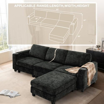 87" Chenille 3 Seater Couch with Soft Ottoman, Black | L-Shape Sectional Sofa with Durable Cup Holders, Upholstered Sofa with Comfy Backrests for Living Room, House - color: Black, size: 87" L-Shape