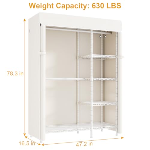 F2C Clothes Rack with Cover, White Closet with Beige Cover | Heavy Duty Clothing Racks with Shelves for Hanging Clothes, Portable Garment Rack, 47.2"W x 16.5"D x 78.3"H, Load 630lbs - color: White Closet with Beige Cover