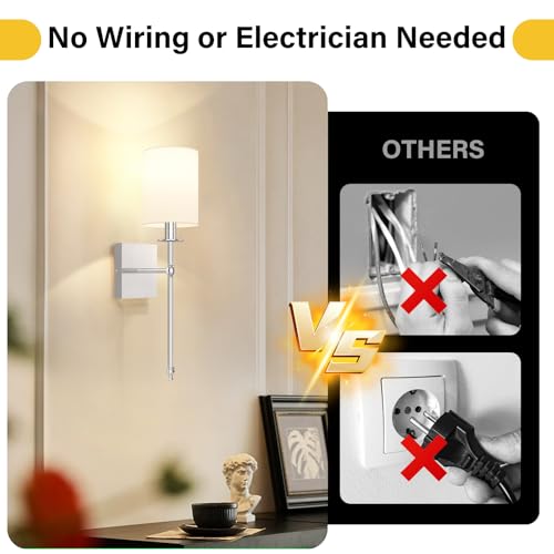 19 Inch Battery Operated Wall Sconces Set of 2 with Remote, Brushed Nickel Rechargeable Wireless Wall Lights with White Fabric Shade, Cordless Wall Lamps with Dimmable Detachable Bulbs for Bedroom - color: Brushed Nickel and White, size: 19.9 inch