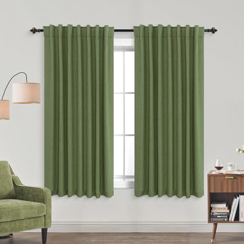 KOUFALL Olive Green Curtains 45 Inches Long, Linen Blackout Short Curtains for Bathroom Bedroom Kitchen, Moss Green - color: Pine Green/Light Olive, size: 52"W x 45"L (Pack of 2)