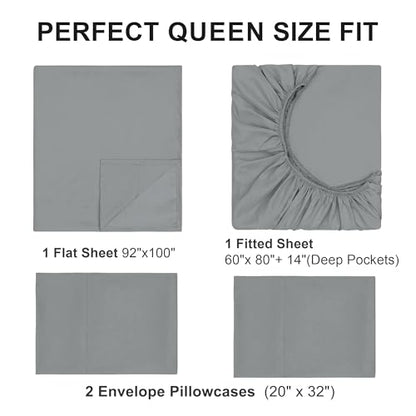 Queen Sheet Sets, Cotton Blended Breathable Bed Sheets 4 Piece, Deep Pocket Up to 14", 1 Fitted Sheet, 1 Flat Sheet and 2 Pillowcases (Grey, Queen) - color: Grey-4pcs Sheet Set, size: Queen
