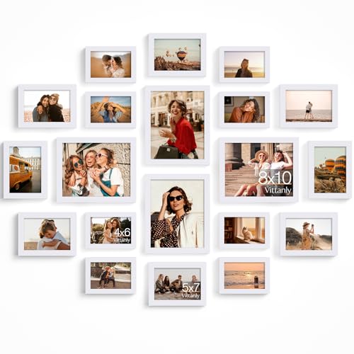 Vittanly 20 Pack Picture Frames Collage Wall Decor, White | Gallery Wall Frame Set for Wall or Tabletop Display, Multi Sizes Picture Frame Set: 4pcs 8x10, 8pcs 5x7, 8pcs 4x6, MDF Wood - color: White