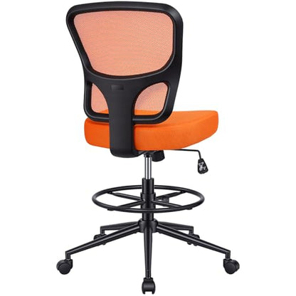 Armless Drafting Chair Tall Office Chair for Standing Desk - Adjustable Height Mesh Ergonomic Drafting Stool with Foot Ring & Wheels, Rolling Counter Height Computer Chair for Home Office - color: Orange