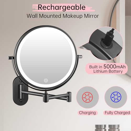 FUNTOUCH 5000mAh Rechargeable Wall Mounted Lighted Makeup Mirror 1X30X | Double Sided 1X 30X Magnifying, 3 Color Lighting, Touch Dimming, Extended Arm 360 Rotation Light up Bathroom Mirror Black - color: Black