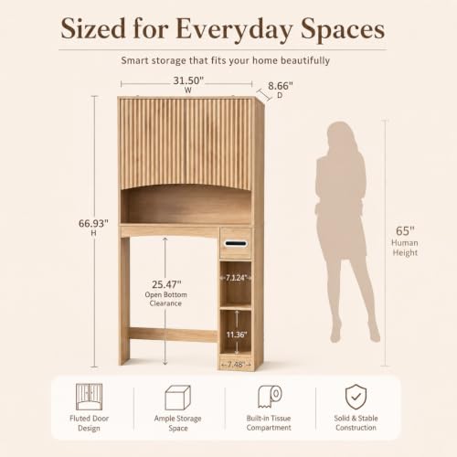 VINGLI Over-the-Toilet Storage Cabinet, 31.5" W Oak Bathroom Space Saver with Fluted Curved Doors, Adjustable Shelf, Reversible Side Shelving, Built-in Toilet Paper Holder and Anti-Tip Kit - color: Natural Oak, size: 8.7"D x 31.5"W x 67"H