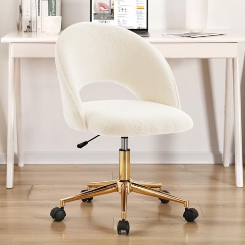 Furnimart Swivel Rolling Desk Chair, Adjustable Faux Fur Vanity Chair with Gold Legs, Cute Task Chair with Wheels for Living Room Bedroom Studying Small Places (Faux Fur White) - color: Faux Fur-white