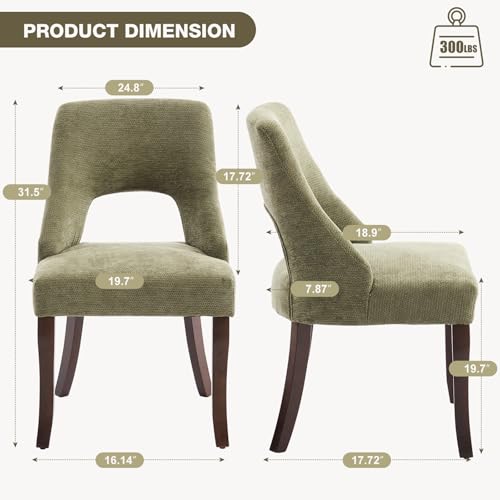 UVV Wooden Dining Chairs Set of 2, Mid Century Modern Chenille Upholstered Dining Room Chair Kitchen Chairs, Farmhouse Dinner Chair with Solid Wood Legs for Kitchen Dining Room, Green - color: Green, size: Set of 2