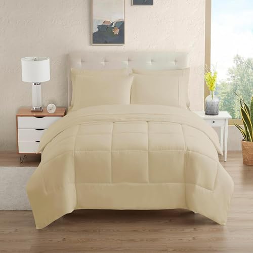 Sweet Home Collection 7 Piece Comforter Set Bag Solid Color All Season Soft Down Alternative Blanket & Luxurious Microfiber Bed Sheets, Beige, Full - color: Beige, size: Full