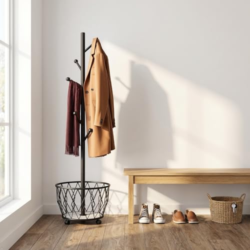 Black Moveable Tree Metal Coat Rack with Basket Freestanding 65" | Organizer for Scarf Jacket Hat Bags Ideal for Home Entryway Bedroom Corner Stable - color: black