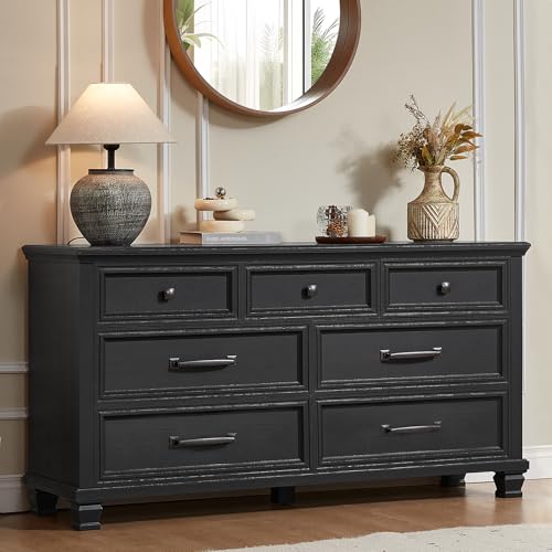Farmhouse 7 Drawer Dresser for Bedroom, Black | 54” Wide Horizontal Dressers & Chests of Drawers with Reinforced Top & Square Wooden Legs - color: Black, size: 16"D x 54"W x 29"H (7 Drawers)