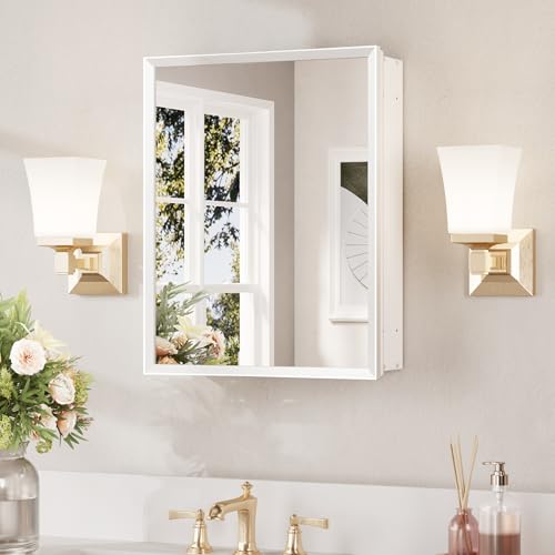 Keonjinn 14"x18" Small White Medicine Cabinet with Mirror, Assembly Needed | Adjustable Shelves, Wall-Mounted or Recessed Bathroom Mirror with Storage, Suitable for Compact Bathroom, Beveled Framed - color: White, size: 15x19 In