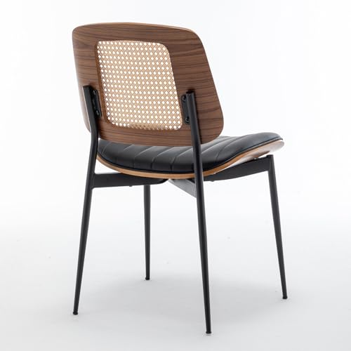 LUNLING Dining Chairs Set of 2 Mid Century Modern Retro Faux Leather Kitchen Chairs with Walnut Bentwood Upholstered Seat Metal Legs Adjustable Foot for Kitchen Dining Room Chairs(Black-Rattan Back) - color: Black2, size: Set of 2