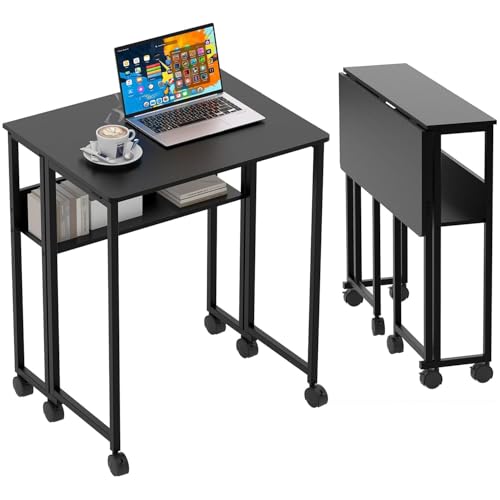 Folding Desk Small Rolling Desk with Storage Shelf,24.8 Inch Foldable Computer Table with Wheels,Portable Office Desk for Small Space Sofa Table,Easy to Fold,Writing Work Office Computer Desk,Black - color: 24.8" Black