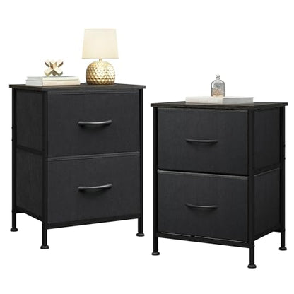 WLIVE Black Nightstand Set of 2, Night Stand with 2 Fabric Drawers, Small Dresser for Bedroom, Bedside Tables for Small Spaces, Dorm, Wood Top | Versatile Small Side Table, Sturdy Metal Frame & Adjustable Feet, 15-Min Quick-Assembly - color: Black (Set of